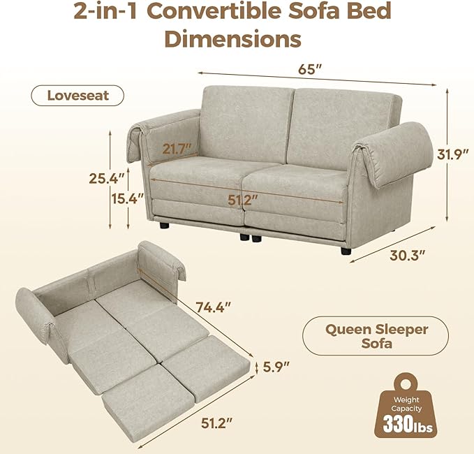FHFO Loveseat Sleeper Sofa, Convertible Couch Bed Loveset Small Couchs for Small Spaces, 3 in 1 Pull Out Sofa Bed Modern 65" Comfy Futon Sofa Bed Queen for Living Room, Bedroom, Apartment (Beige)