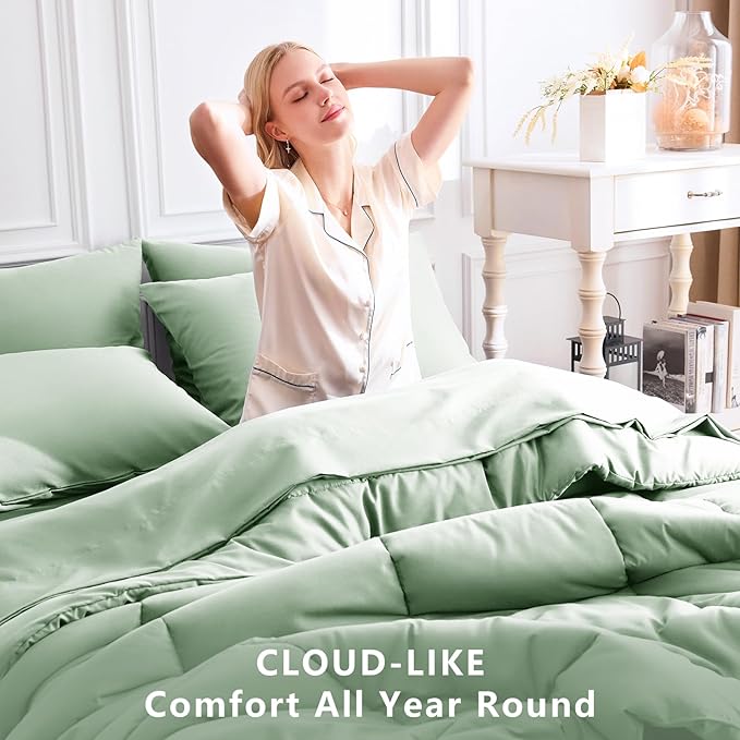 CozyLux Twin Comforter Set with Sheets Sage Green, 5 Pieces Bed in a Bag, Green Comforter Twin Size, All Season Bedding Set with Stitch Quilted Comforter, Flat Sheet, Fitted Sheet, Pillowcases