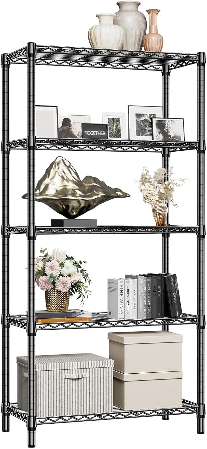 1250 lbs 5 Tier Shelf Metal Storage Shelves Shelving Wire Rack Heavy Duty Closet Organizers for Garage Kitchen Bathroom Laundry Black 15.7" D x 33.5" W x 68.5" H