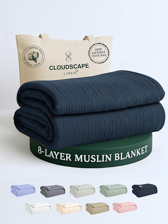 Cloud Scape Linen 8-Layer Muslin Blanket King Size for Adult - 100% Cotton, Breathable and Soft, Perfect Winter Cozy Blanket, Fits up to California King Bed, 92x108, Ensign Blue
