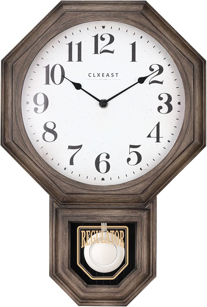 CLXEAST Pendulum Wall Clock, Large Schoolhouse Regulator Pendulum Wall Clocks for Living Room Decor,Dark Grey Oak Finished Plastic,House Warming Gifts New Home,12" W x 17.5" H