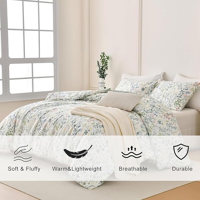 EAVD Vintage Garden Botanical Floral Comforter Set King Soft Microfiber Chic Cute Flowers Leaves Print Bedding Set 1 King Comforter and 2 Pillowcases Fresh Botanical Comforter Set for All-Season