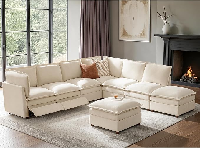 HULALA HOME 128'' Power Recliner Sofa with Dual-Layered Cushions, Oversized Modular Sectional Sofa L Shaped Couch with Storage Ottoman, 8 Seater Cloud Couch for Living Room, Beige