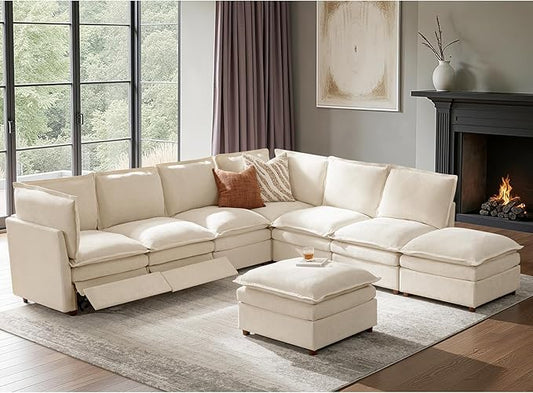 HULALA HOME 128'' Power Recliner Sofa with Dual-Layered Cushions, Oversized Modular Sectional Sofa L Shaped Couch with Storage Ottoman, 8 Seater Cloud Couch for Living Room, Beige