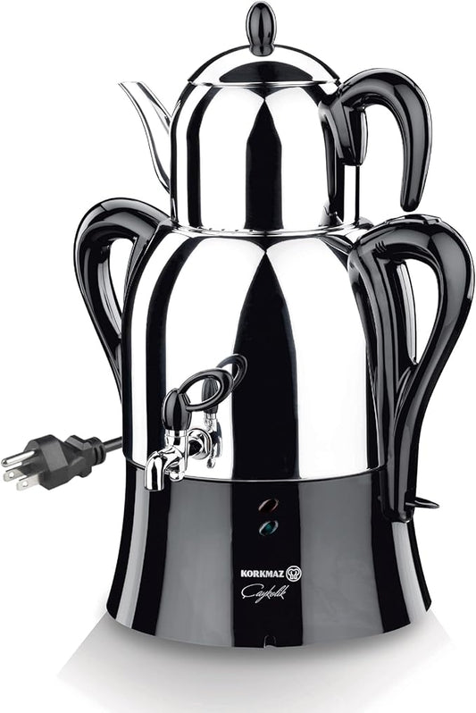 Korkmaz Caykolik A341-14 Stainless Steel Samovar, Upper Pot 1.1 L (37.1 Oz), Bottom Pot 3 L (101.4 Oz) Electric Turkish Tea Maker Set, Double Pots, Inox, Chrome, Black 110 V US Plug, 4.3- Quart