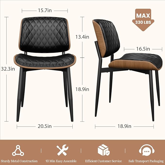 Dining Chairs Set of 2, Mid-Century Modern Upholstered PU Leather Chairs with Walnut Back and Metal Legs Adjustable Feet for Kitchen Dining Room, Black Diamond Plaid