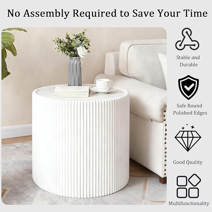Round Coffee Table Set with Sintered Stone Tabletop, 29.52" Grey Drum Center Table and 17.71" White Coffee Table Set, 2 Pieces Living Room Table Set with Fluted PU Leather Cover& Stable Base