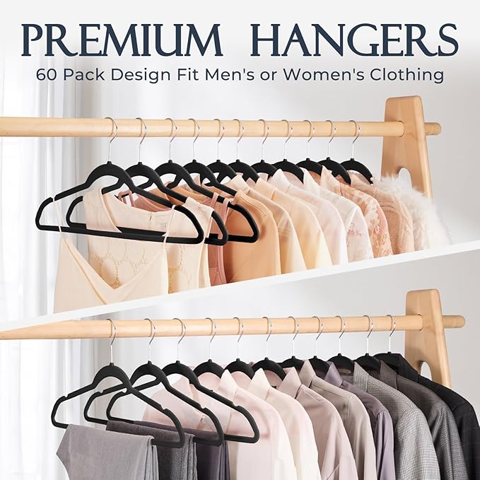 HOUSE DAY Black Velvet Hangers 360 Pack, Premium Non-Slip Felt Clothes Hangers, Sturdy Black Hanger Heavy Duty Durable for Coat, Suit, Space Saving No Hanger Mark Rotating Hook