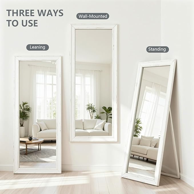 Yumyolk Full Length Mirror 56"x22" with Stand Wood Frame Leaning Hanging for Living Room Bedroom Cloakroom White