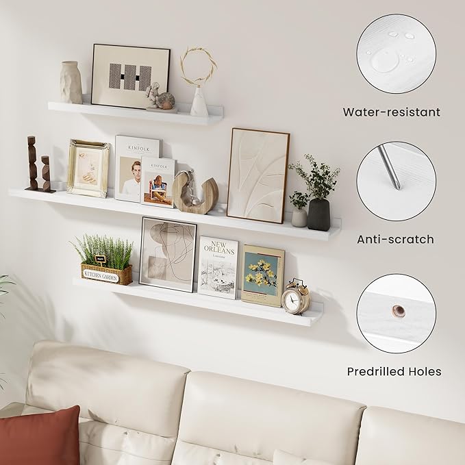 Picture Ledge Shelf, 72 inch Solid Ash Wood Floating Shelves Set of 2, Picture Ledge Ledge Wall Mounted for Living Room Kids' Room Bedroom, Color White
