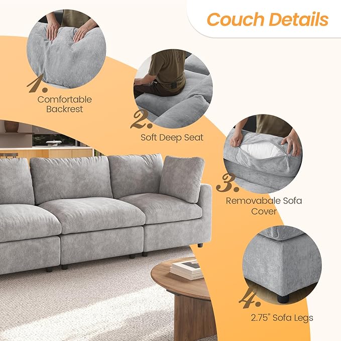 JACH 134" Sectional Couches for Living Room, 4-Seater Convertible Modular Sofa, Cloud Sectional Couch, Sofa Covers Washable, Minimalist Modern Couch for Living Room, Apartment, Light Grey