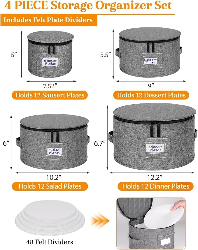punemi Rigid China Storage Containers 5-Piece Set with Dividers, Quilted Stackable Plate & Dish Storage Protectors, Adjustable Mug and Cup Storage Organizer for Moving and Dinnerware storage, Grey