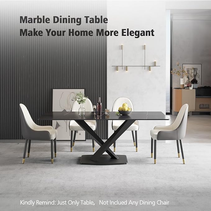 Modern Rectangle Marble Dining Table for 6,63" Black Marble Sintered Stone Top Dining Table,Rectangle Marble Dining Room Table with X-Shape Carbon Steel Pedestal for Kitchen/Living Room(Table Only)
