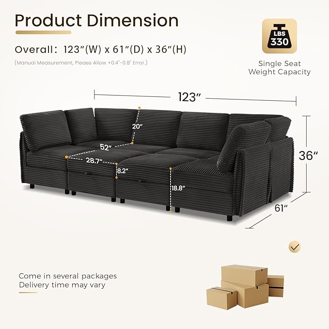 KKL Modular Sectional Sofa Bed with Storage Ottoman, Convertible L/U/J-Shaped Sleeper Couch Plush Wide-Wale Corduroy for Living Room, Apartment, Modern Design, Black