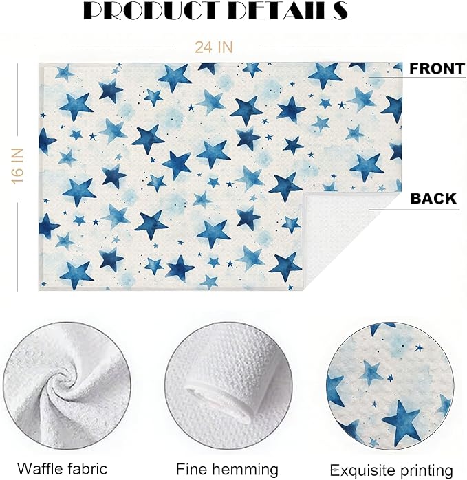 2-Pack Watercolor Star Towel, Star Waffle Towels, Nursery & Bathroom Hand Towel, 16x24 Inch Blue & Azure Dish Tea Towel Decor for Kitchen & Nursery & Bathroom, Gift For Friends & Homeowners.