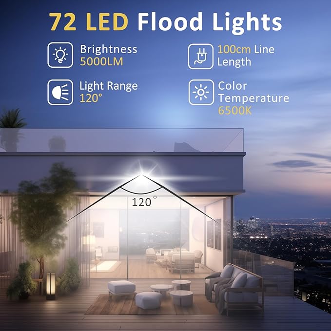 50W LED Flood Light Outdoor, 5000LM Super Bright Floodlight Outside Work Lightwith Plug, 6500K Daylight White LED Flood Light Outdoor, IP66 Waterproof Outdoor Flood Light-2Pack