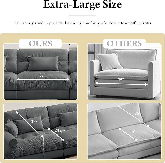 130" Grey Modular Sectional Sofa, 3 Seater Large Sectional Couches for Living Room, Velvet Fabric Oversized Fluffy Cloud Couch with Ottoman, Deep Seat Home Sofas Set, Sofá Moderno
