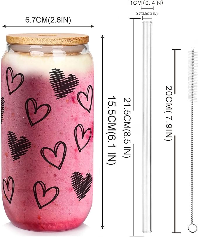 Mason Life Iced Coffee Cups, Valentines Cups Gifts for Her Women 18 OZ Hearts Cup Beer Glass, Love Can Couple Drinking Glasses, Glass Cups with Bamboo Lids and Straws, Valentines Day Gifts - 2 Sets