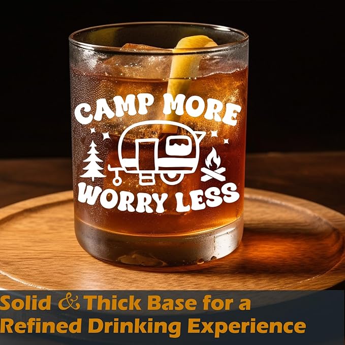 Camping Lovers Gifts Old Fashioned Whiskey Glasses, Camper Gifts for Rv Owner, Camp More Worry Less 10 oz Rocks Barware Cup for Cocktail Drinks Scotch Bourbon Liquor