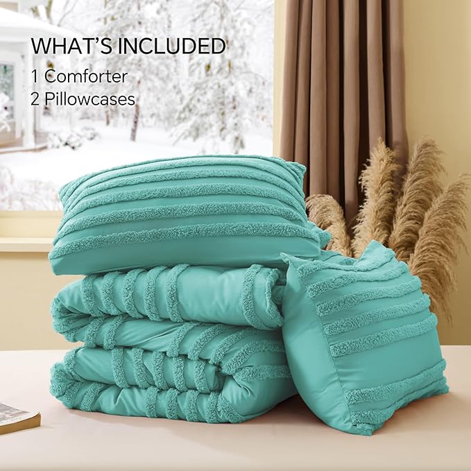 BEDELITE Boho King Size Comforter Set - Aqua Tufted Striped Bed Set 3 Pieces, Soft Vintage Farmhouse Comforter for All Seasons, Boho Home Decor,Fluffy Jacquard Bedding with Pillow Sham