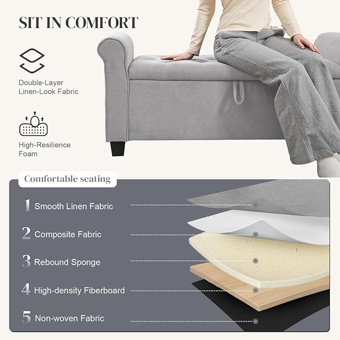 End of Bed Storage Bench for Bedroom, 49" Upholstered Storage Ottoman with Rolled Arms, Rivet Polyester Fabric Ottoman Bench for Bedroom, Living Room, Window, Entryway, Light Gray