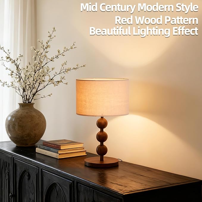 Bedside Nightstand Table Lamp for Bedroom Red Wood Pattern Iron Lamp with Fabric Shade, Mid Century Modern Farmhouse Table Lamp Desk Lamp for Living Room Home Office with LED E26 Bulb