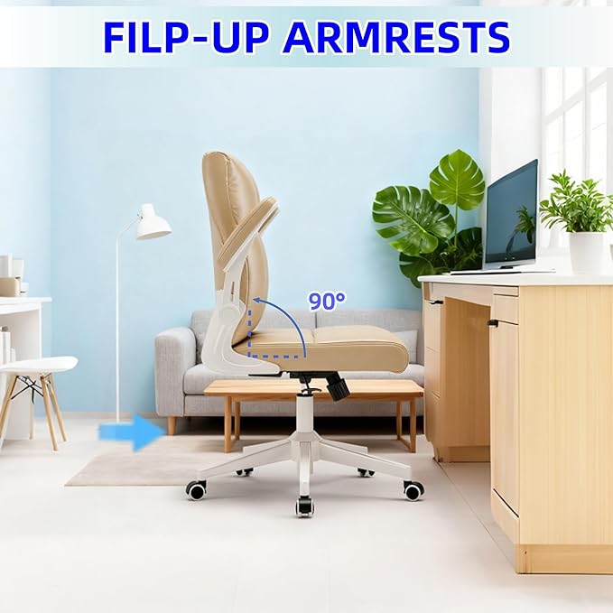 Computer Chair, Ergonomic Home Office Desk Chair with Space Saving Flip-Up Arms, 360° Swivel & Reclining Back, High-Back Executive Chair in Soft Faux Leather Chair Multi-Angle from 90° to 135°