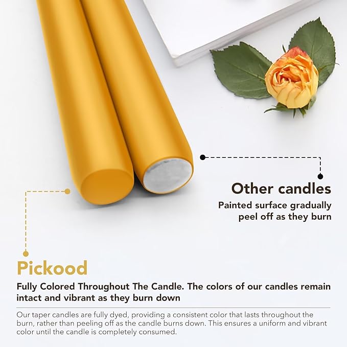 New Burning Formula Unscented Dripless 12-Inch Taper Candles Set of 12 - Spicy Mustard, for Wedding, Dinner - Smokeless, Long Burning - Hand Poured, Colored Tall Candlesticks - Mostaza Picante