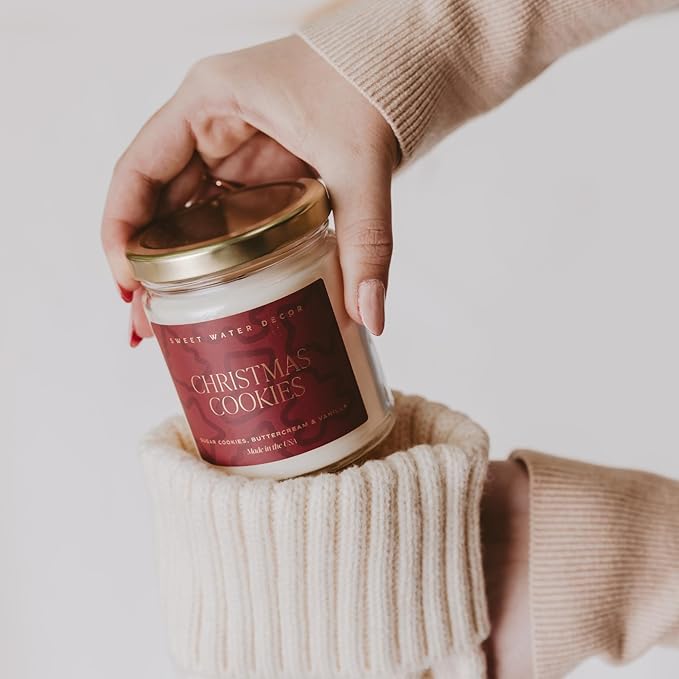 Sweet Water Decor Christmas Cookies Scented Candles - Christmas Stocking Stuffers Soy Candles with Vanilla Scent - Christmas Candles with 40 Hours Burn Time - 9Oz Gold Lid Clear Jar Wax Candles