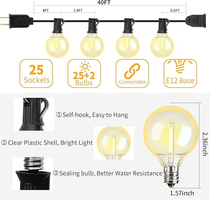 40FT LED Outdoor String Lights Waterproof, G40 LED Globe Outdoor Lighting for Patio with 27 Edison Vintage Shatterproof Bulbs, Connectable Backyard Lights for Garden, Bistro, Porch, Cafe