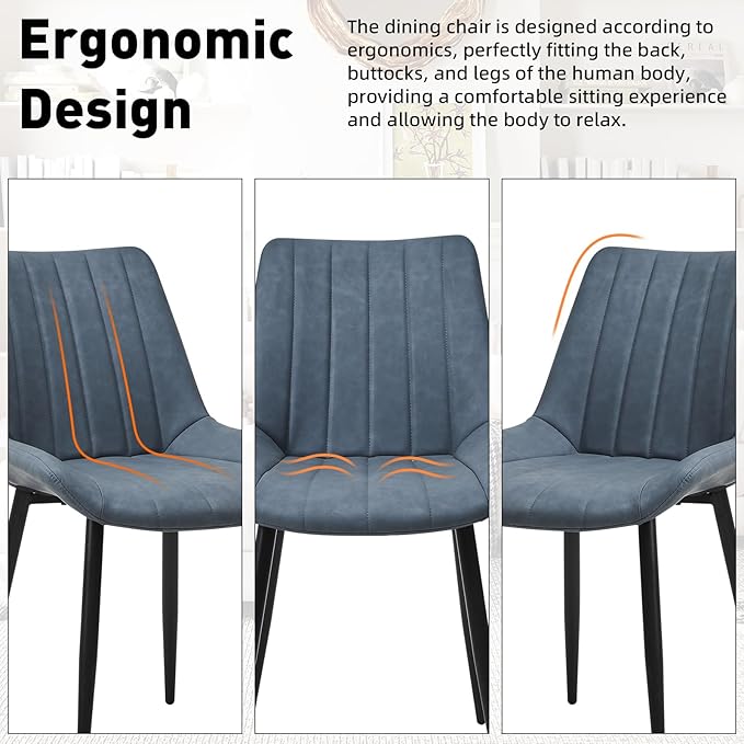Dining Chairs Set of 6, Faux Leather Modern Linear Design Dining Chair with Metal Legs, 16.9" Seat Width Chair for Kitchen, Lounge, Reception Room, Restaurant, Commercial (Haze Blue)