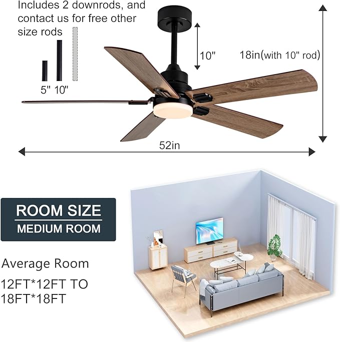 52 Inch Black Outdoor Ceiling Fans with Lights and Remote, Dimmable 5 Blade Outdoor Ceiling Fans for Patios, Black Ceiling Fan with Light for Bedroom Indoor Living Room