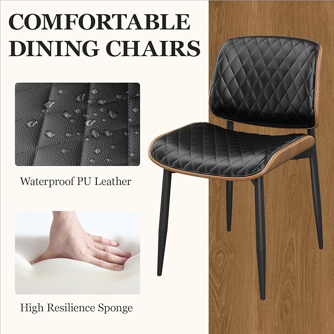 Dining Chairs Set of 4, Mid-Century Modern Upholstered PU Leather Chairs with Walnut Back and Metal Legs Adjustable Feet for Kitchen Dining Room, Black Diamond Plaid
