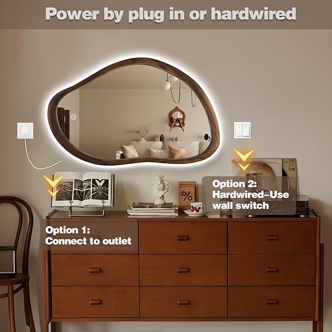 Wood Framed Led Mirror for Bathroom, 35"x24" Irregular Vanity Mirror with Lights, Anti-Fog Backlit Mirror with 3 Colors Dimmable, Memory Function, CRI95+, Horizontal/Vertical, Walnut