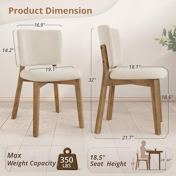 LUE BONA Wooden Dining Chairs Set of 4, Comfortable Wide Back Kitchen Side Chairs, Strong Thick Legs for Modern Farmhouse Dining Room, Linen Upholstered and Natural Wood Legs