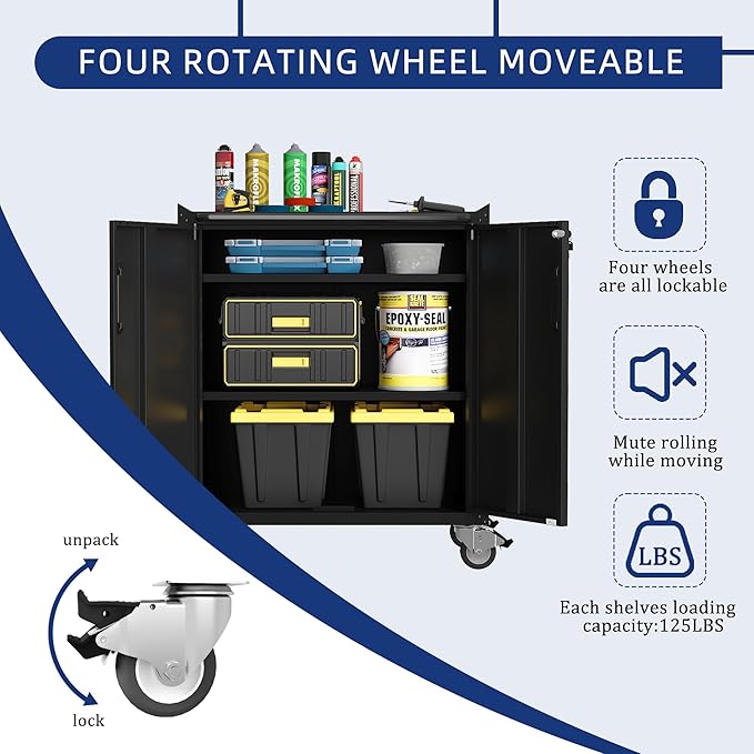 Rolling Tool Cabinet with Wheels, Tool Cabinets with 2 Door for Garage, Tool Room, Assembly Required(Black)