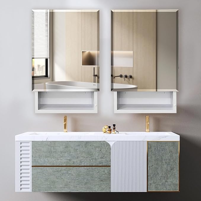Bathroom Medicine Cabinet with Mirror, 16x26 Inch Platstic Framed Beveled Edge Mirror Cabinet with Removable Shelves, Extra Storage Space, Recessed or Surface Mount