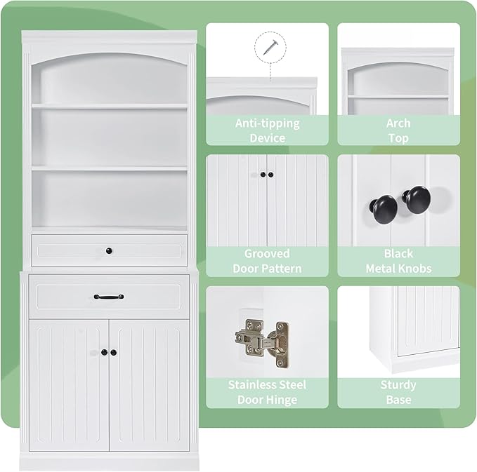 Tall Cabinet with 2 Drawers and Doors, Multi-Functional Storage Unit/Bookcase, Kitchen Cabinets, Pantry Cupboard for Living Room/Home Office/Bathroom, White