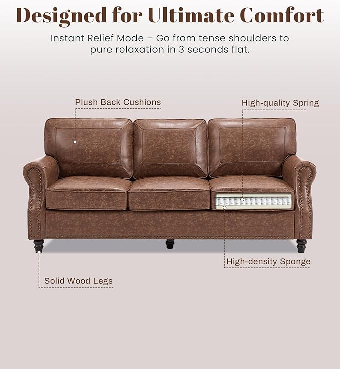 WILLOVE 79'' Faux Leather Sofas for Living Room, Mid Century Modern Couches with Rolled Arm & Nailhead Trim for Small Space, Apartment, Dark Brown