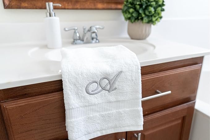 White Monogrammed Hand Towels for Bathroom - Luxury Hotel Quality Personalized Initial Embroidered Towel for Powder Room, Spa - GOTS Organic Certified - Pack of 2 Silver, Letter A