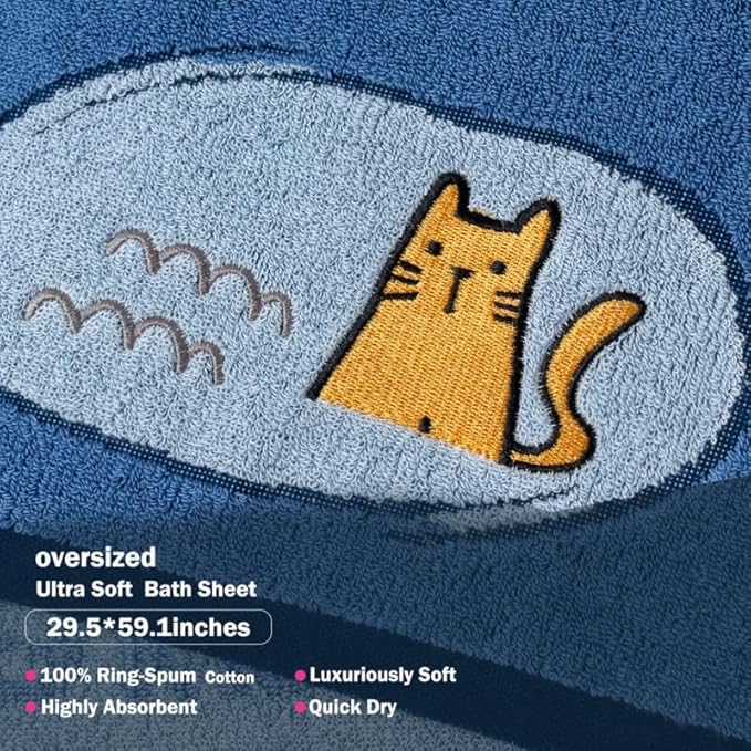 Ultra Soft Cotton Cat Bath Towel - Large 59x29 Meow Print & Cat Paw, Quick Dry Absorbent,for Shower, Beach, Pool & Travel. Blue.