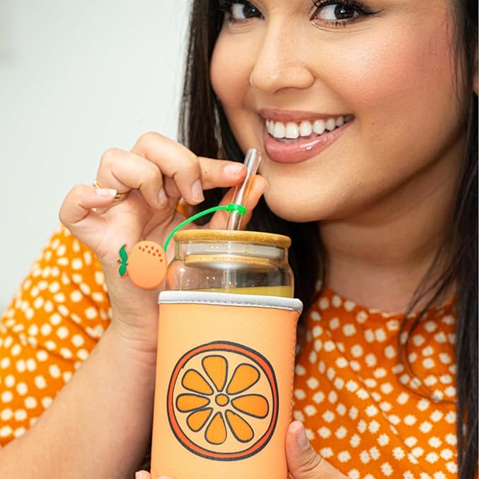 Orange Gifts for Women - Glass Tumbler with Lid and Straw, Customized Straw Stopper and Cup Sleeve. Aesthetic Unique Design Iced Coffee Gift Cup for Mom, Teacher, Friend