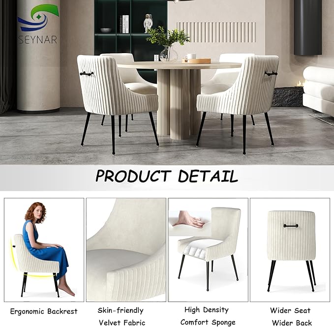 Velvet Dining Chairs Set of 8,Beige Upholstered Living Room Chairs with Black Metal Legs, Modern Tufted Accent Chairs for Living Room, Study Room, Kitchen