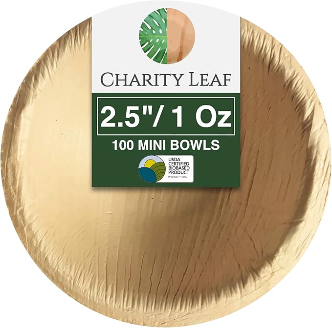 Charity Leaf Disposable Palm Leaf 2.5" Round Mini Bowl (100 pcs) Dipping Bowls | Bamboo Like| All Natural and Biodegradable | Charcuterie Boards, BBQs, and Parties