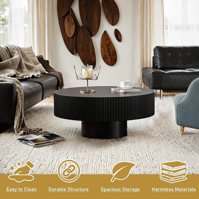 Round Drum Coffee Table 30.91" Handcrafted Fluted Drum Coffee Table Mid Century Accent Tables Modern Luxury Circle Center Table Vintage Farmhouse Center Table for Living Room (Black Thick)