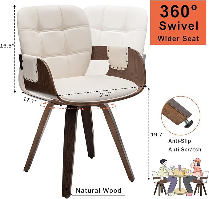 Set of 2 Swivel Dining Chairs - Mid Century Modern Dining Chairs with Arms and Curved Back, Faux Leather Bentwood, Versatile for Living Room/Reception/Conference Room/Kitchen/Desk (Walnut Beige)