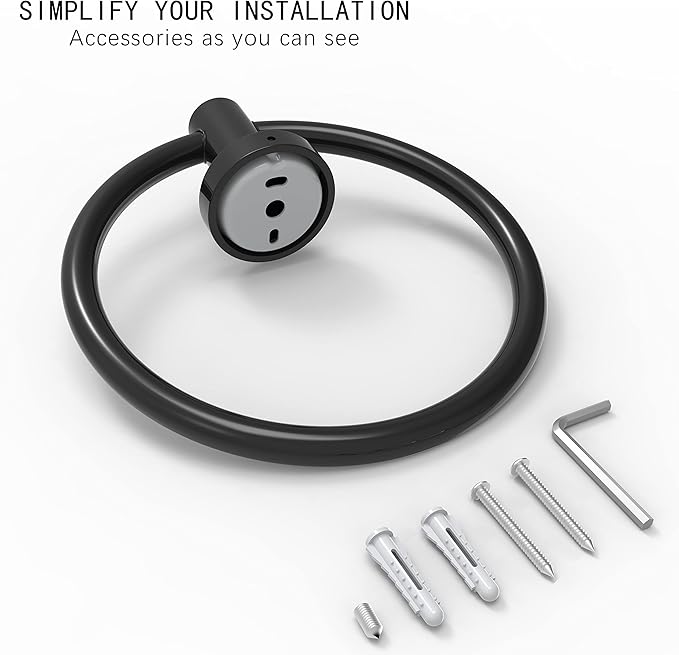 Matte Black Towel Ring, Hand Towel Holder for Bathroom Kitchen Modern Rounded Base Wall Mount SUS304 Stainless Steel