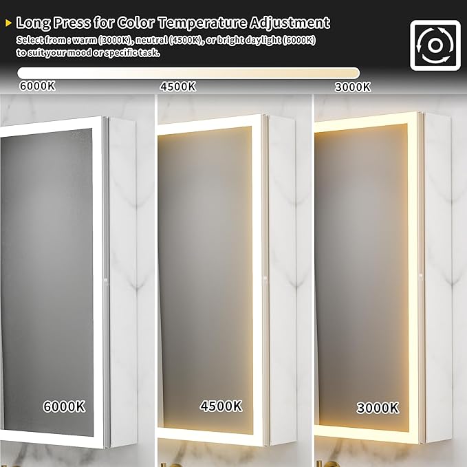 GroGro Lighted Medicine Cabinet with Mirror and Storage,24" W x 30" H LED Bathroom Medicine Cabinet with Mirror,Surface or Recessed Mounting,Defog,Dimming,3-Color Temperature,Left Opening Door