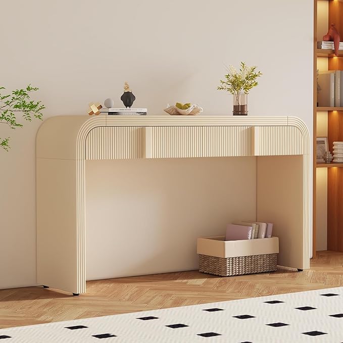 55'' Fluted Console Table with Storage Drawers, Wood Modern Curved Entryway Table with Storage for EntryWay, Hallway, Foyer (Beige)