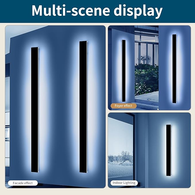 2 Pack 71inch Exterior Wall Light Fixture, 6000K Cold White Modern Long Outdoor Wall Sconce, IP65 Waterproof, 60W, Black Minimalist Outside LED Strip Lights for Garage, Patio, Balcony, Fence